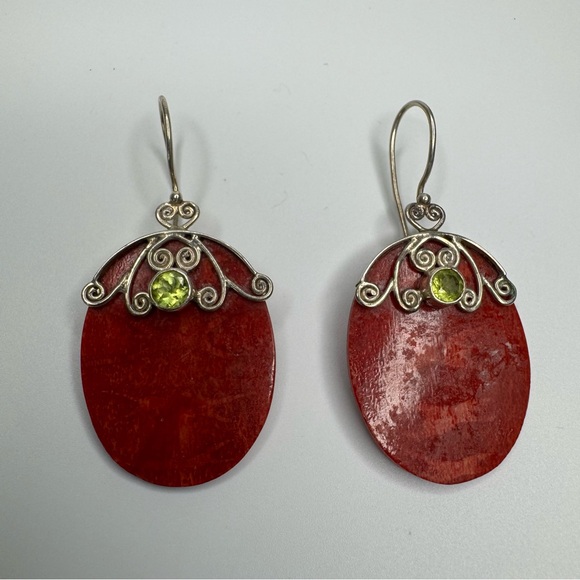 Coral and Peridot Sterling Silver Earrings Oval 925 Scrolled Hook Wires Bohemian - Picture 13 of 13